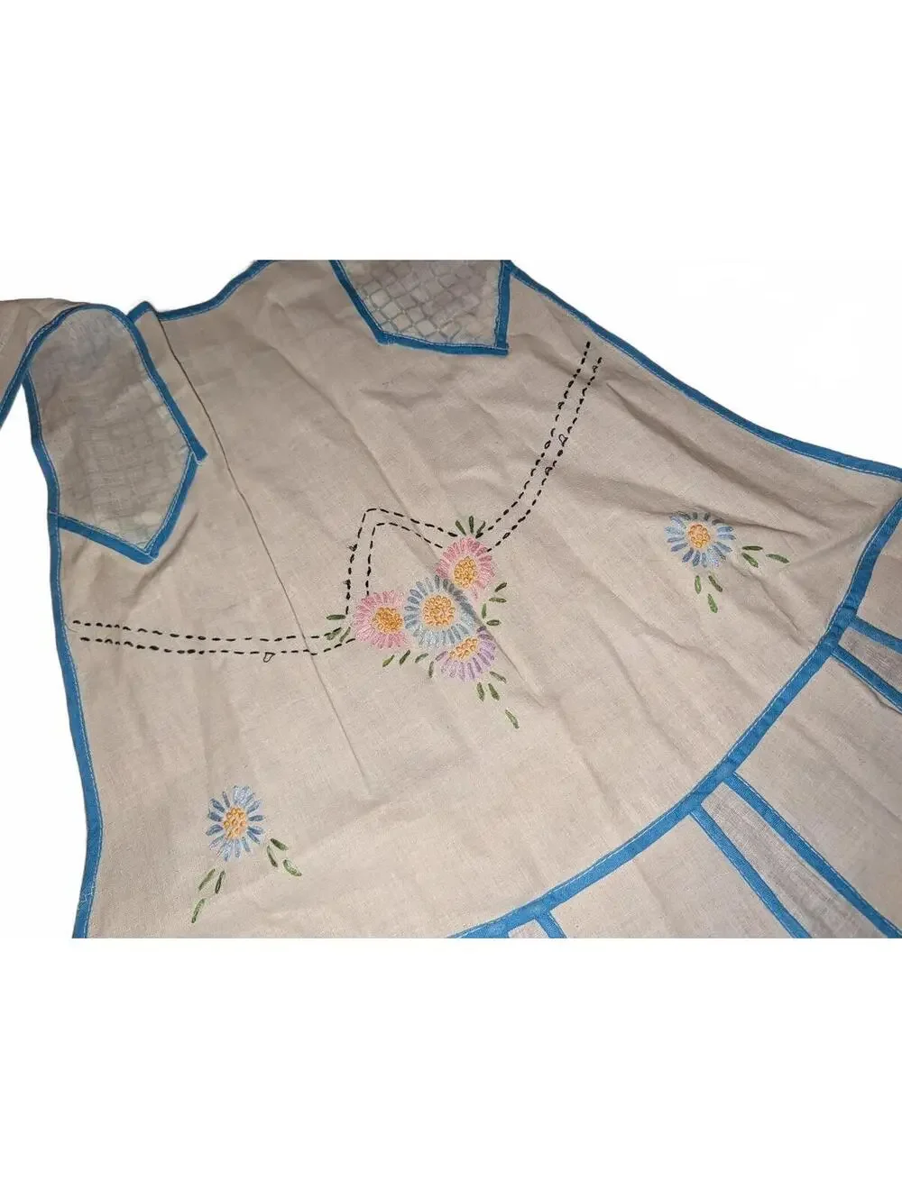 Vintage Embroidered Cotton Apron with Blue Trim and Floral Design